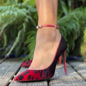 Valentino Rockstud Calf Hair Ankle-Strap Pump, Rosso